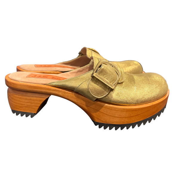 Jim Barnier Wooden Heel Clog Platform Sandals Green Distress Leather Size 11 New - Picture 2 of 9